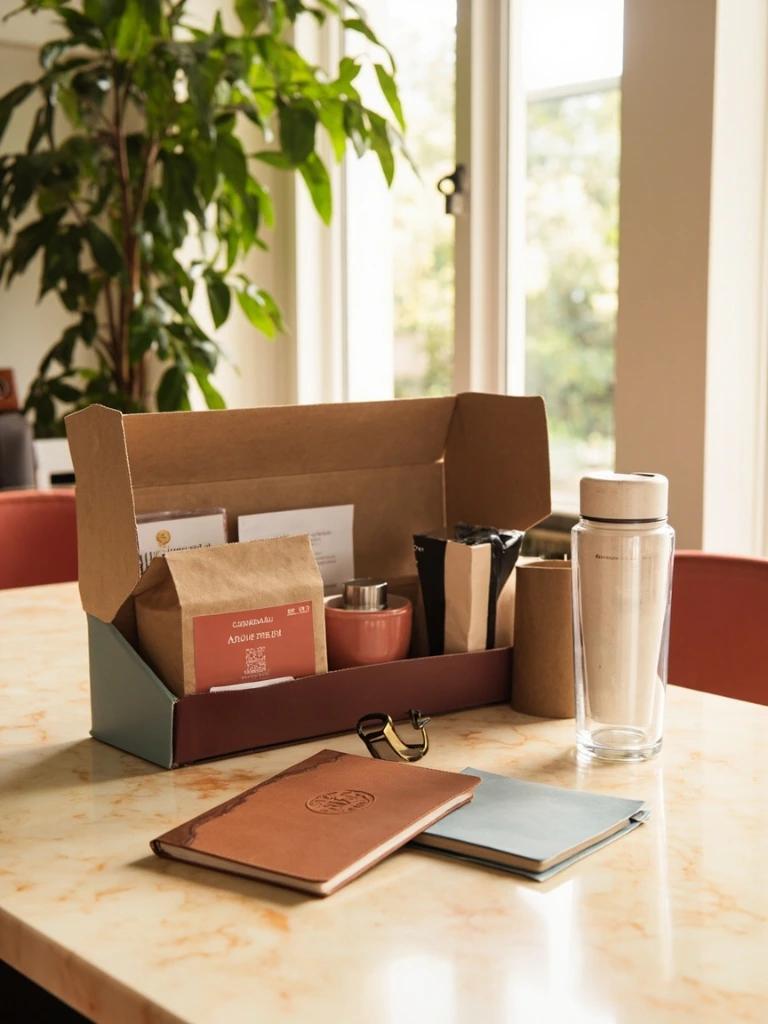 Kit corporativo curado sobre escritorio de mármol crema en oficina moderna